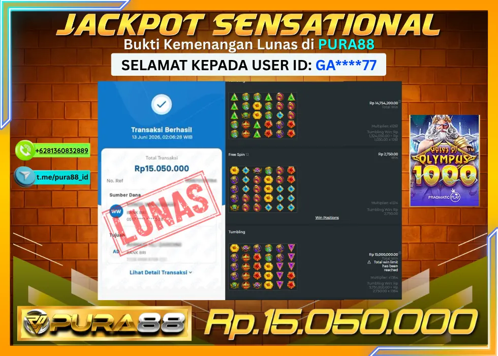 PURA88 JACKPOT GATES OF OLYMPUS 1000 Rp 15.050.000,- LUNAS